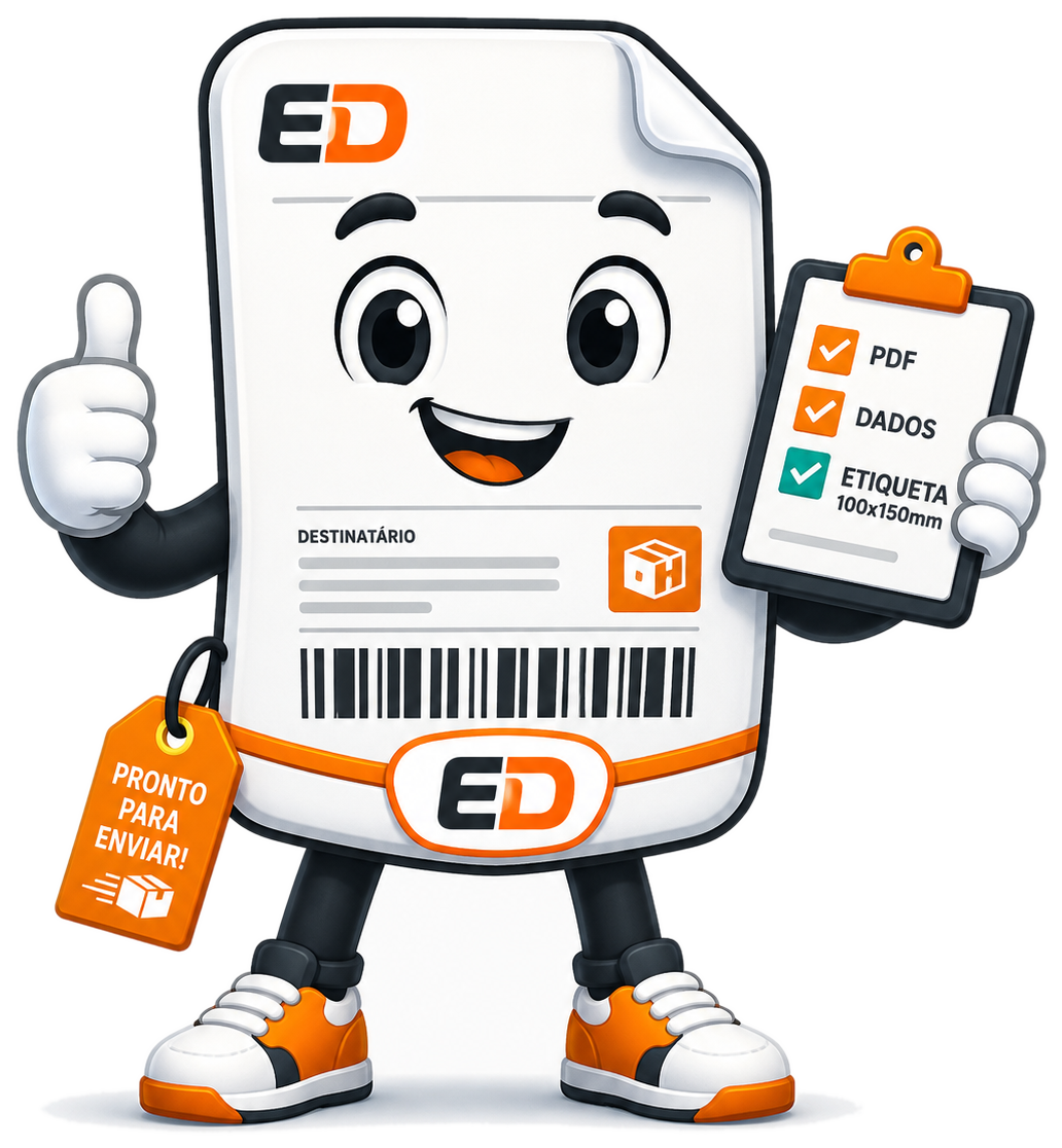 Mascote da Etiqueta Direta: uma etiqueta sorridente fazendo sinal de positivo e segurando uma prancheta com checklist de PDF, dados e etiqueta 100x150mm