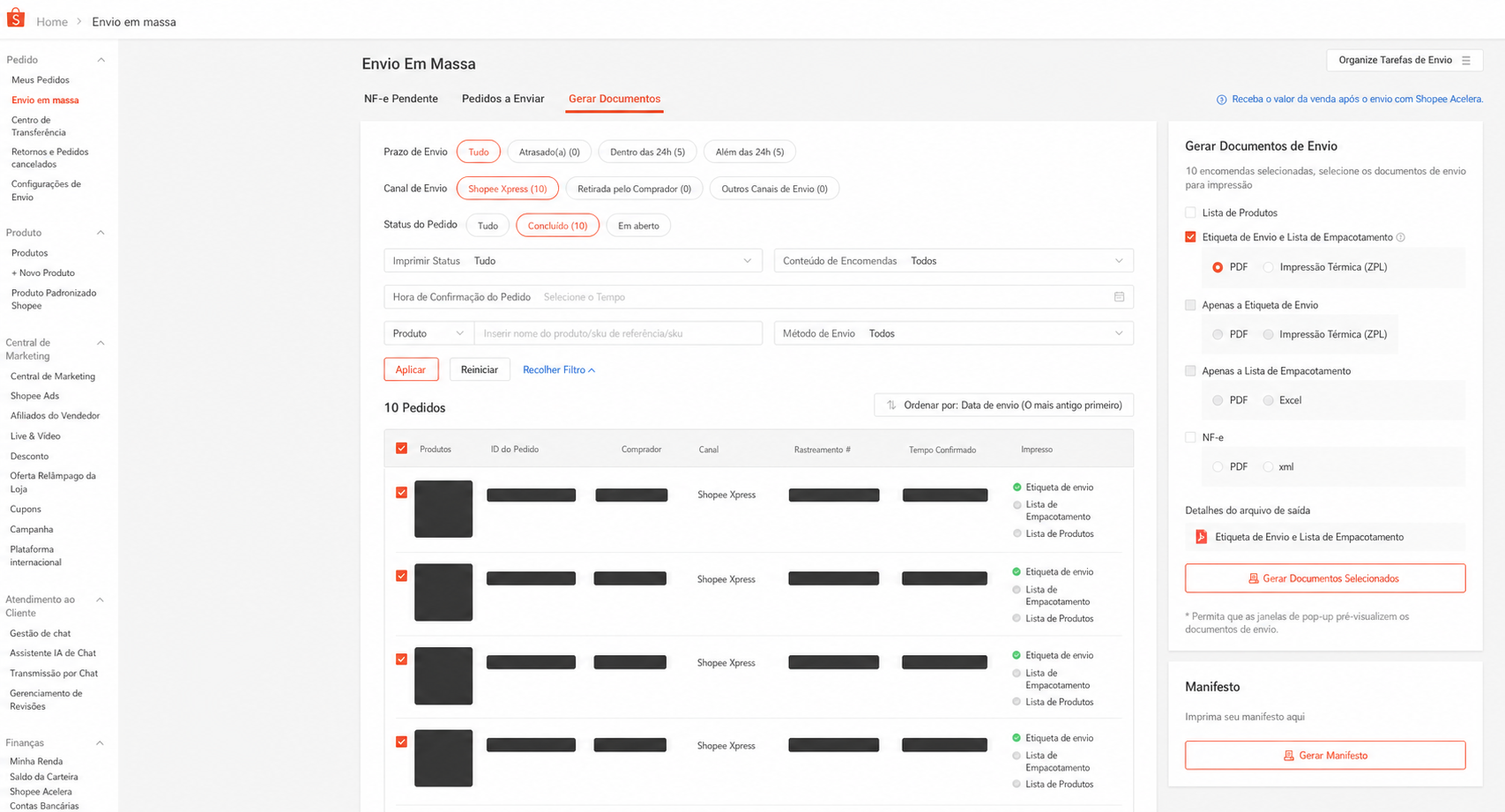 Tela Envio em Massa da Shopee com os passos para gerar o PDF